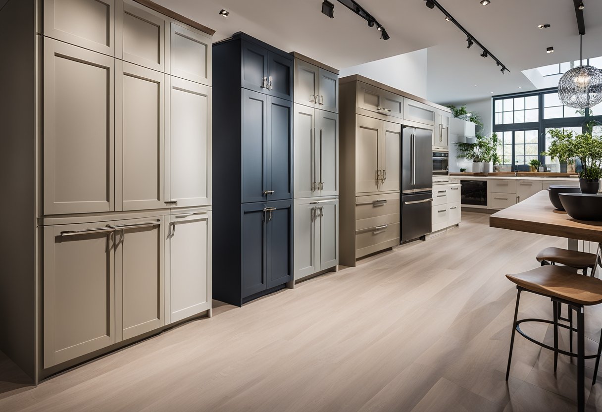 A variety of designer kitchen doors displayed in a showroom setting, with different styles, materials, and finishes showcased