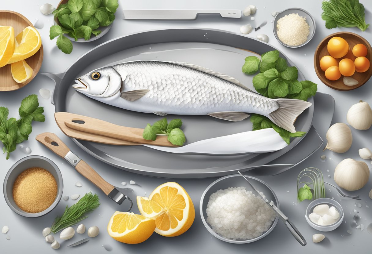A white fish being prepared with various ingredients and tools on a clean kitchen counter