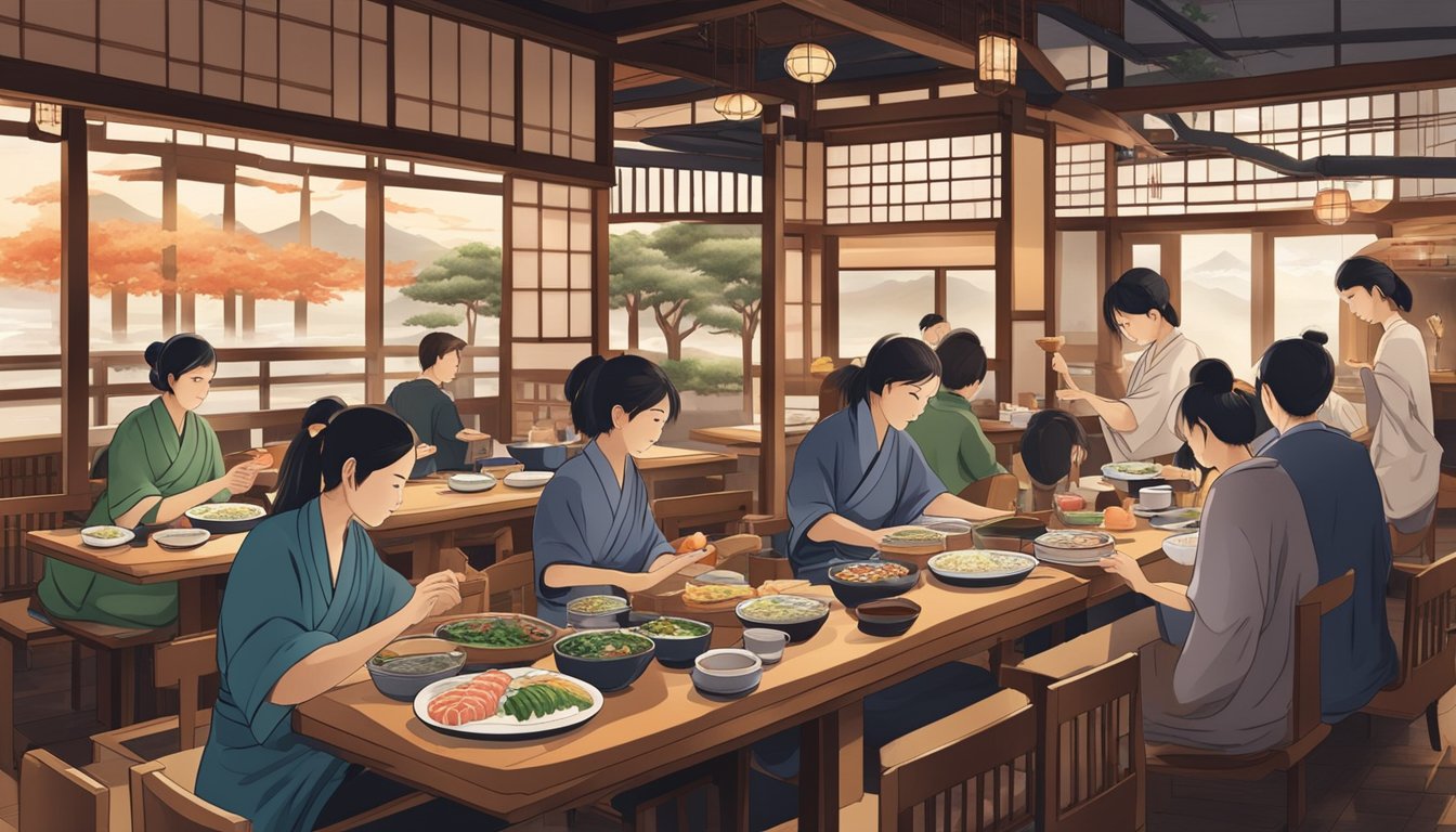 A bustling Japanese restaurant with traditional decor, diners enjoying sushi and sashimi, while waiters serve steaming bowls of ramen