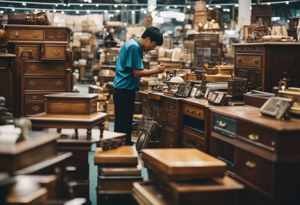 A customer browsing through a variety of second-hand furniture items in a bustling marketplace in Singapore
