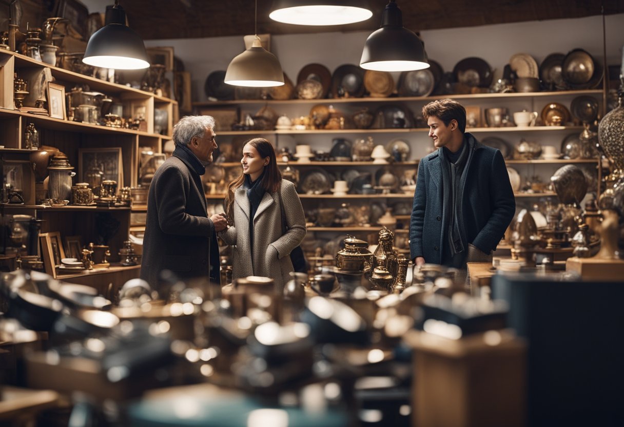 Customers browsing through a cluttered second-hand furniture shop, admiring unique pieces and negotiating prices with the friendly owner