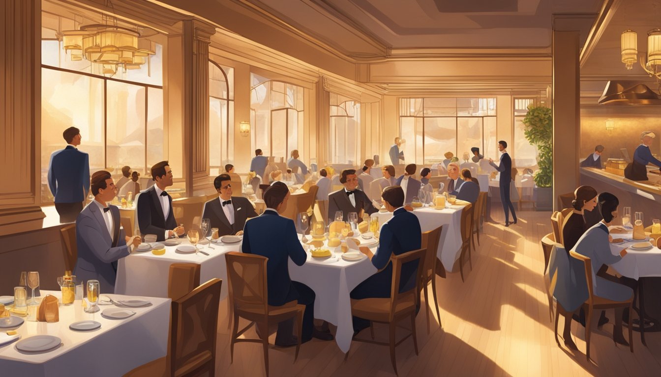 The bustling restaurant is bathed in warm, golden light, with elegant table settings and attentive servers tending to the needs of the guests