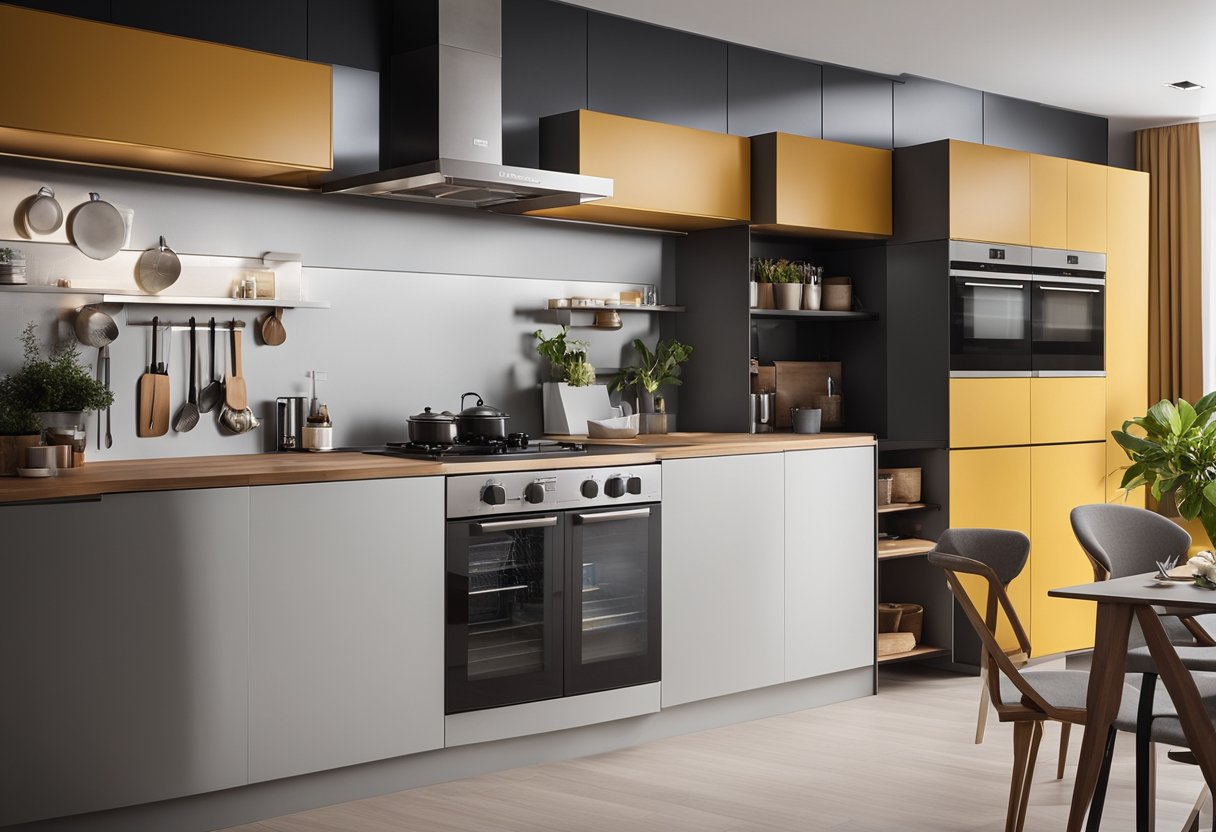 A compact kitchen with clever storage solutions, foldable furniture, and multi-functional appliances. Efficient use of wall and ceiling space