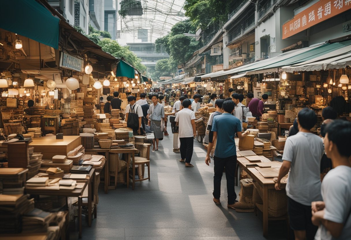 A bustling marketplace with people browsing and exchanging second-hand furniture in Singapore. Signs and banners with "Frequently Asked Questions" and "buy sell 2nd hand furniture" are prominently displayed
