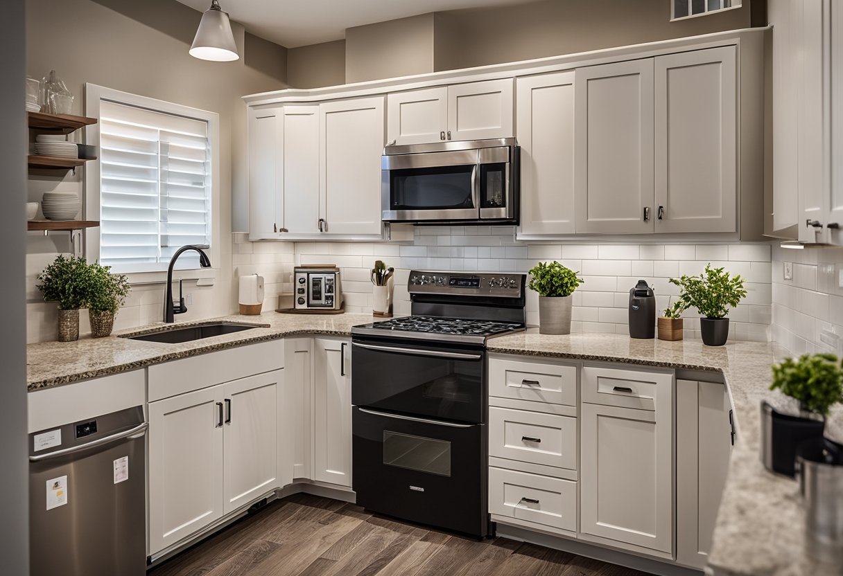 A small kitchen with new cabinets, countertops, and appliances. Light colors and modern fixtures create a fresh, budget-friendly look