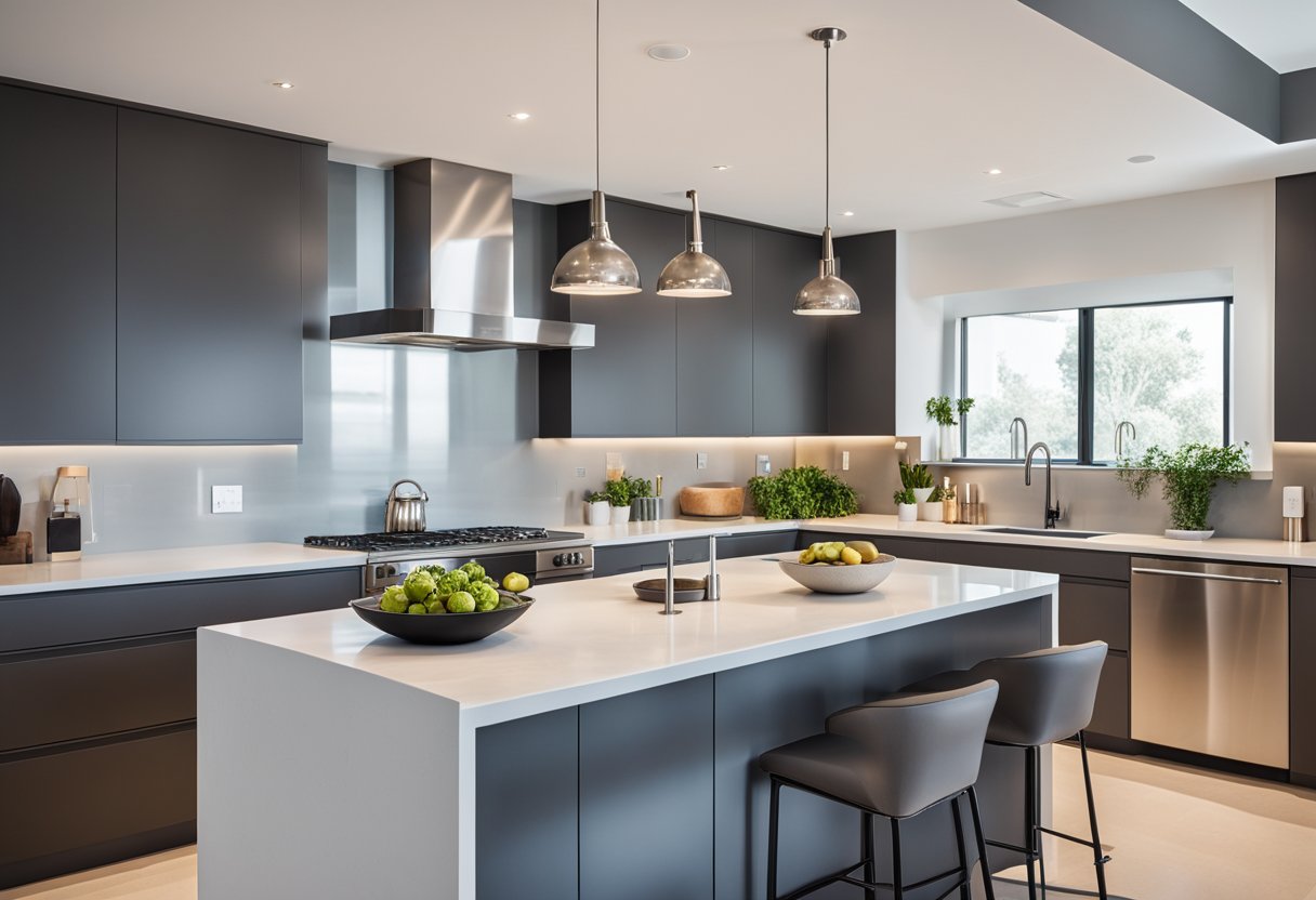 A sleek, open-plan kitchen with clean lines, stainless steel appliances, and a large central island. Bright, natural light floods the space, highlighting the minimalist aesthetic