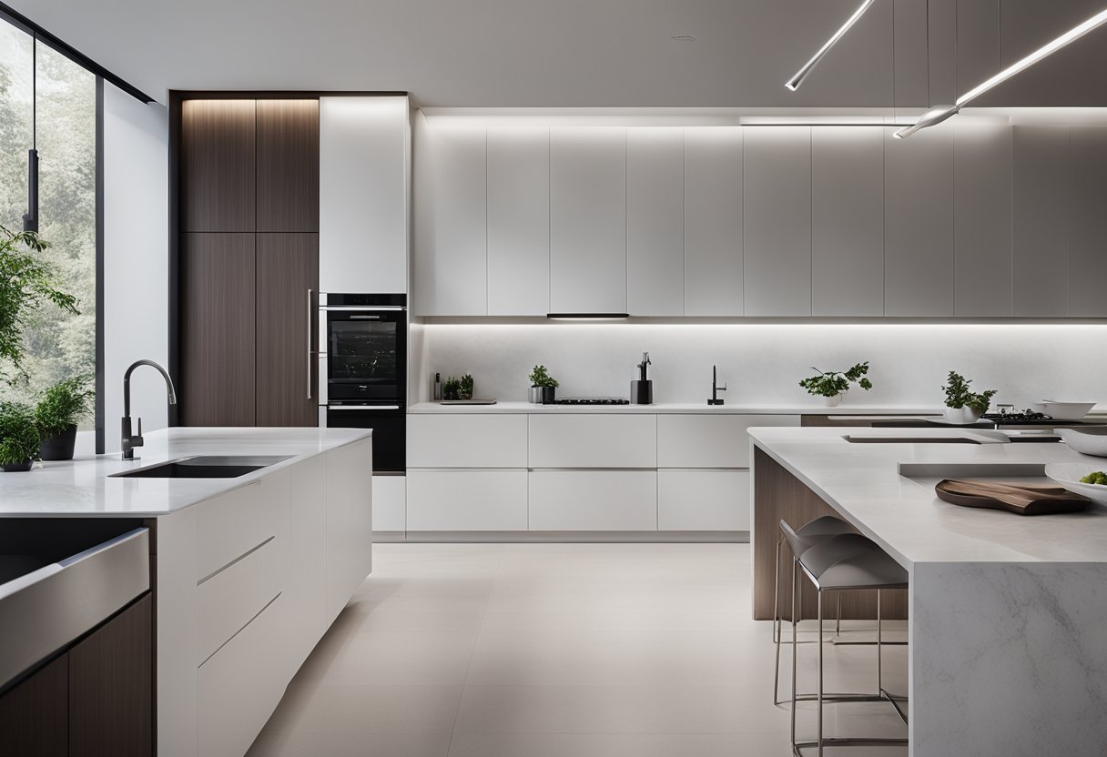 A sleek, minimalist kitchen with clean lines, stainless steel appliances, and a monochromatic color scheme. A large island with a waterfall edge and pendant lighting completes the modern aesthetic