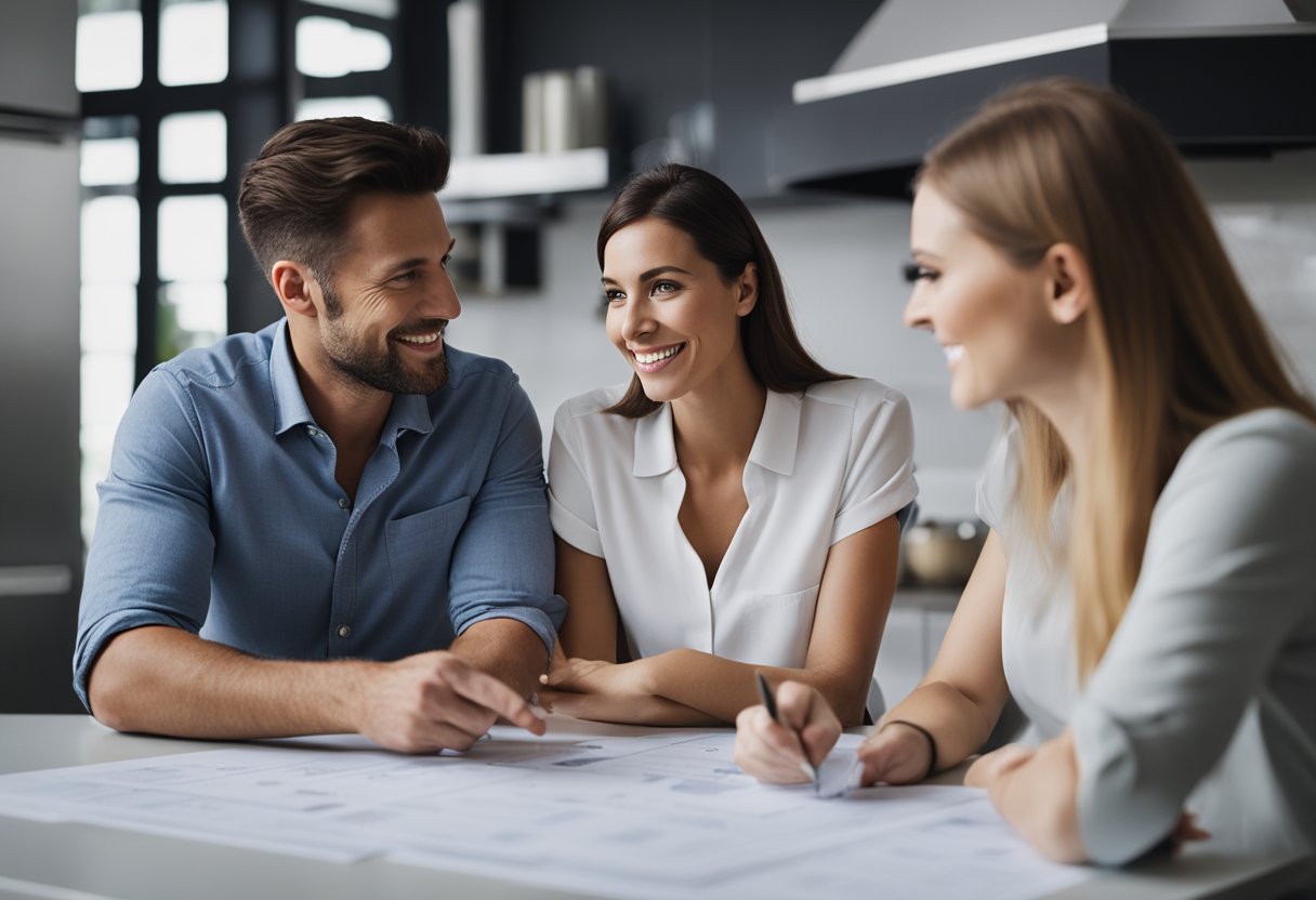 A couple sits at a table, surrounded by blueprints and samples. They discuss their kitchen renovation budget, pointing to different options