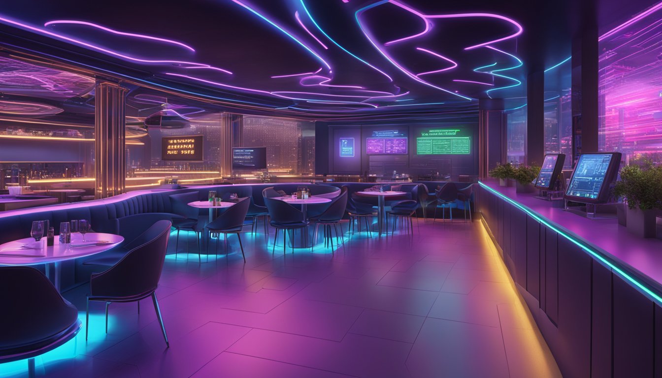 The binary restaurant buzzed with neon lights and digital displays, as holographic menus flickered above each table, casting a futuristic glow
