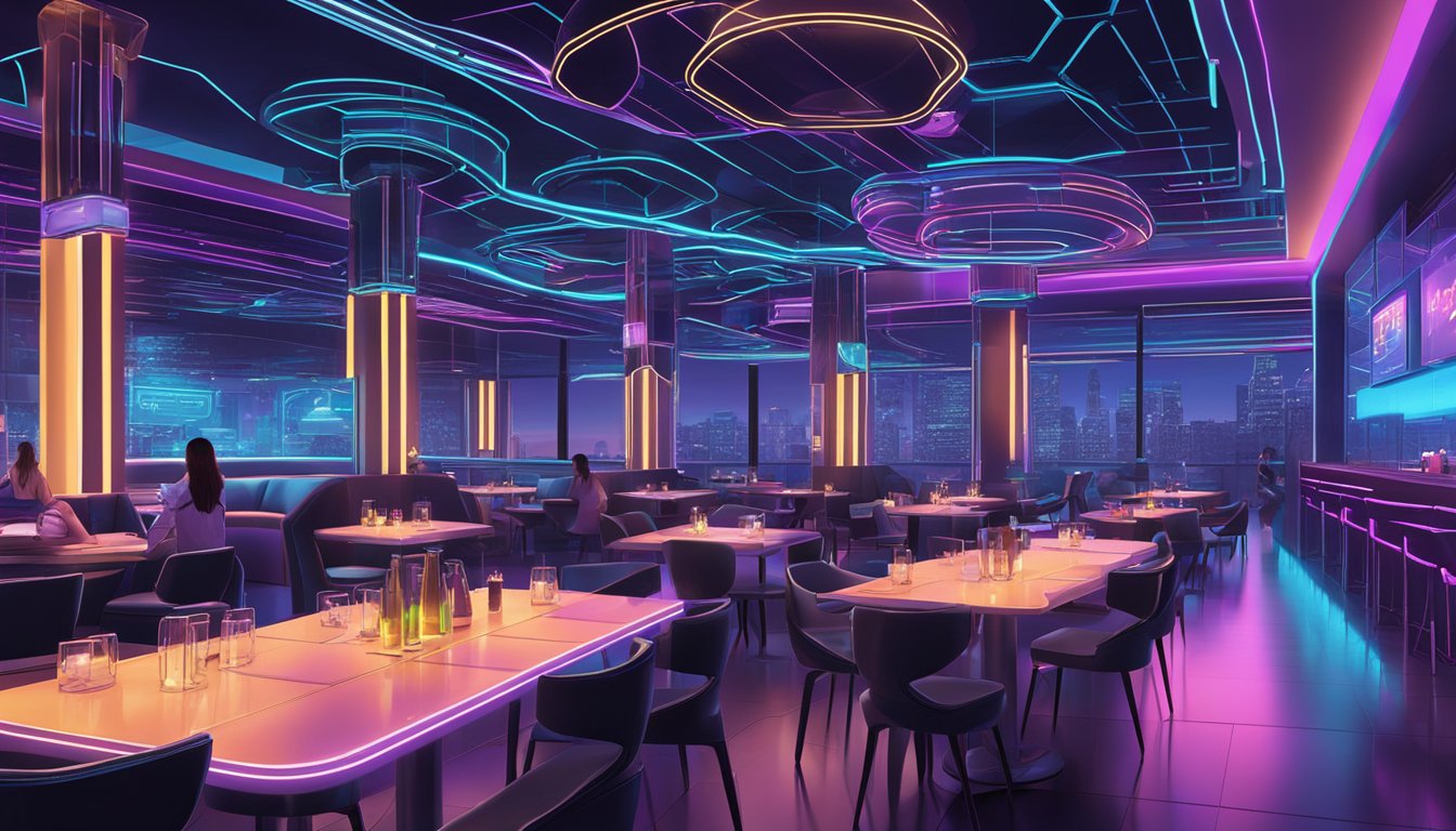 The Binary Restaurant buzzes with neon lights and futuristic decor. Diners savor the fusion of traditional and digital flavors in a sleek, high-tech setting