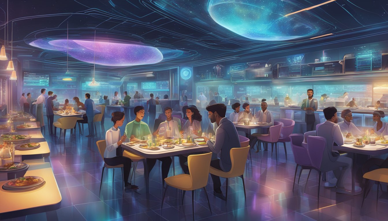 A bustling restaurant with futuristic decor, holographic menus, and robotic servers delivering exquisite dishes to delighted patrons