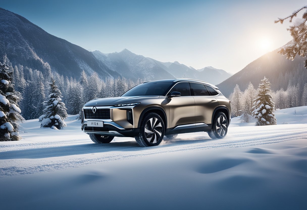 The NIO ES8 SUV powers through a snow-covered landscape, surrounded by remote winter wonderlands in China. The vehicle conquers the cold, showcasing its resilience and capability in challenging conditions