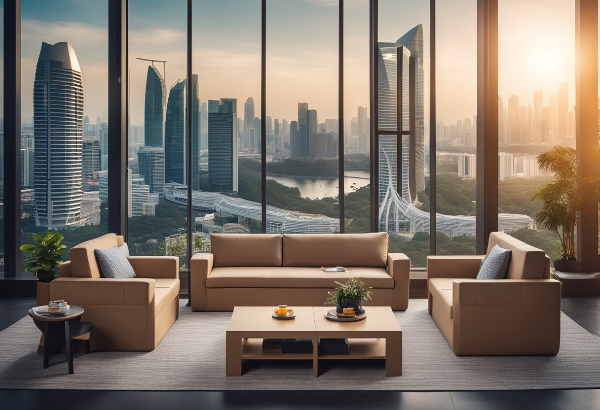 A cozy living room with cardboard furniture in Singapore, featuring a cardboard sofa, coffee table, and bookshelf against a backdrop of modern city skyline