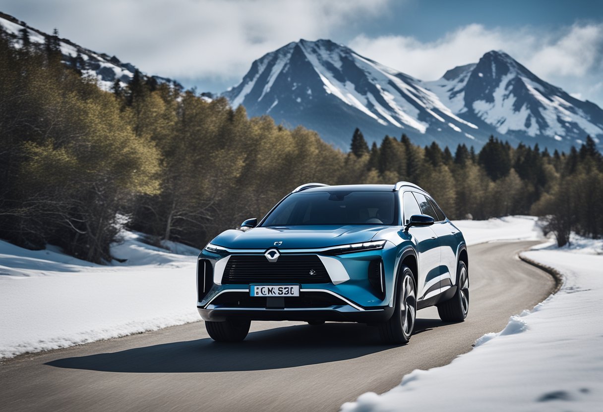 The NIO ES8 SUV drives through a snowy, remote landscape, with mountains in the background and a sense of adventure and resilience