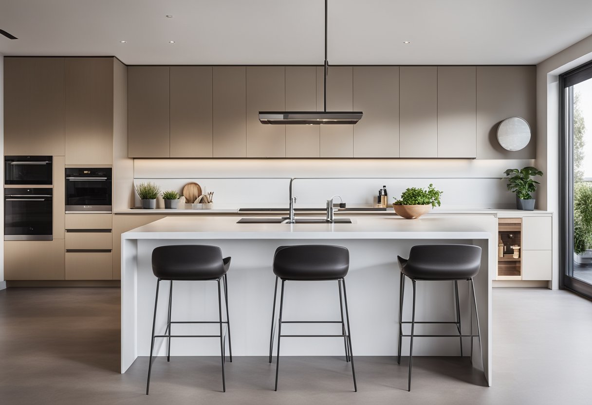 A sleek, open-plan kitchen with clean lines, integrated appliances, and a central island. Neutral colors, minimalist design, and ample natural light