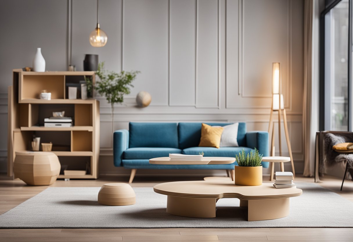 A bright, modern living room with innovative cardboard furniture designs, including a sleek coffee table and a stylish bookshelf