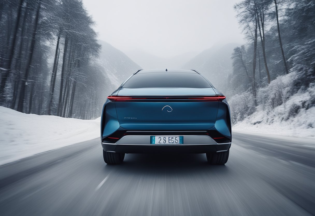 A NIO ES8 car drives through a snowy, remote Chinese landscape, conquering the cold winter wonderland with ease