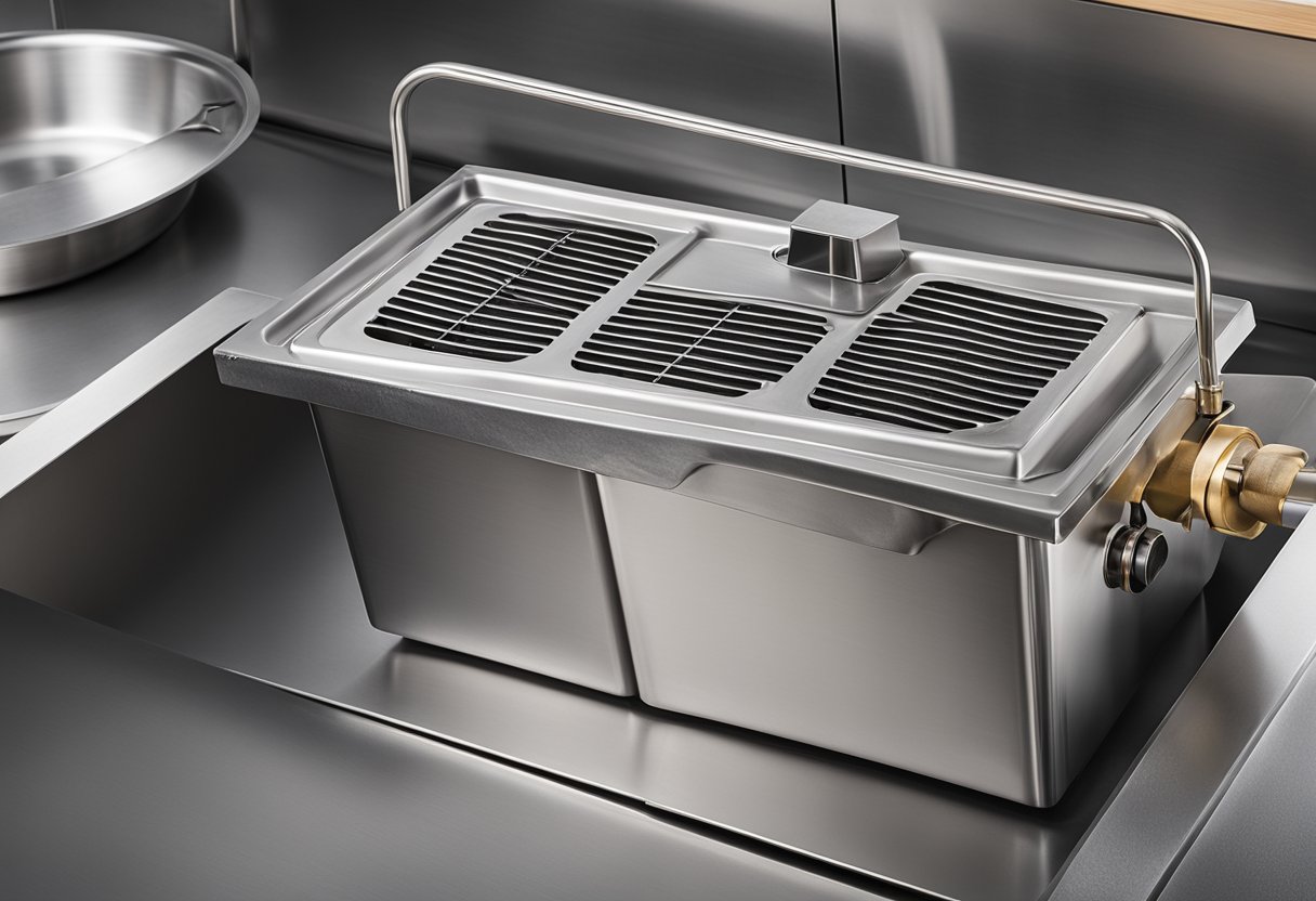 A stainless steel kitchen grease trap with removable lid and inlet/outlet pipes