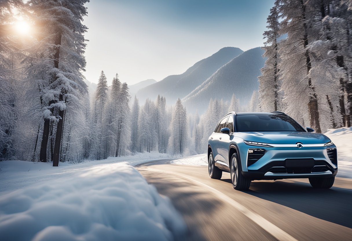 A NIO ES8 electric SUV drives confidently through a snowy, remote landscape in China, showcasing its capability to conquer harsh winter conditions