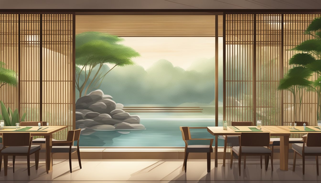 A serene Zen restaurant with minimalist decor, soft lighting, and tranquil ambiance. A bamboo garden and a calming water feature complete the peaceful setting
