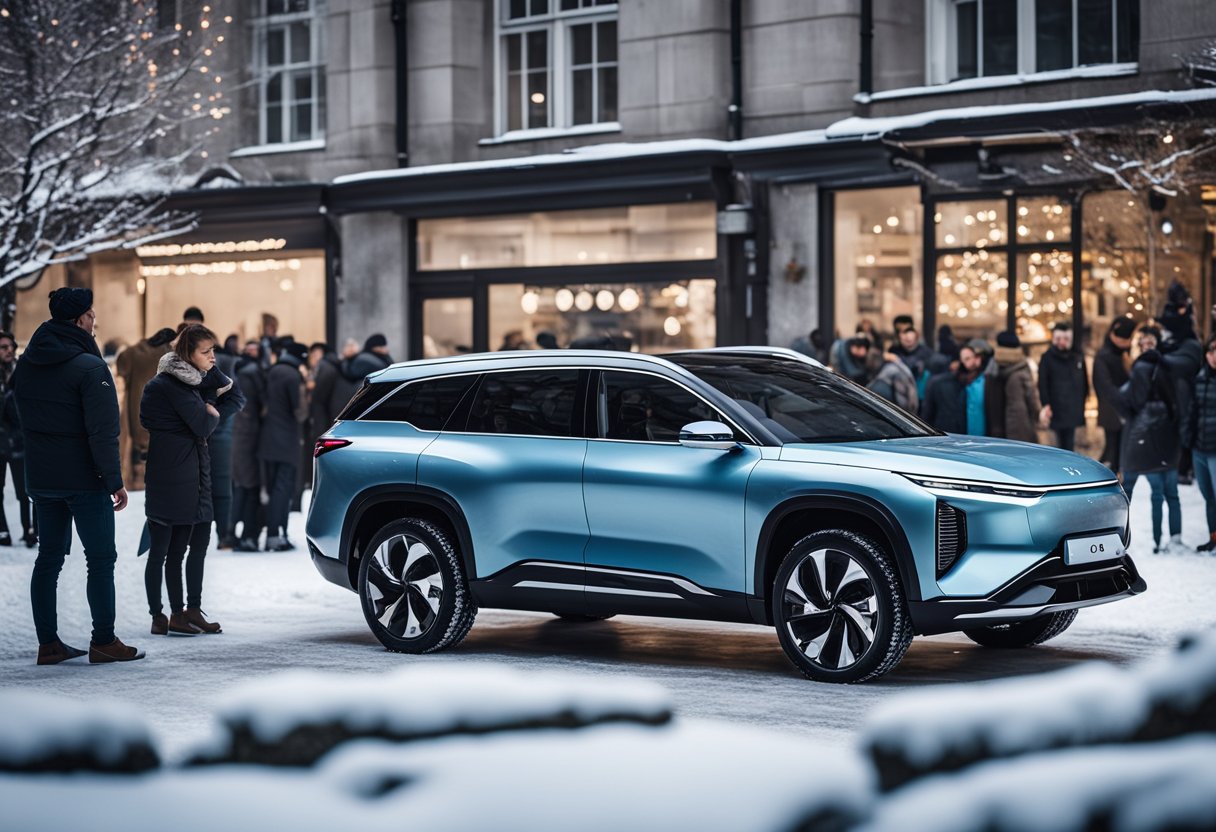 NIO's ES8 electric SUV parked in a snowy remote market, surrounded by curious onlookers. Sales team engaging with locals, showcasing vehicle's performance in harsh winter conditions