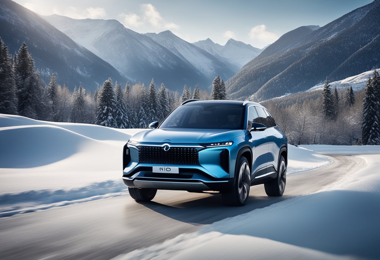 A sleek NIO ES8 electric SUV drives confidently through a snow-covered landscape, with towering mountains and remote villages in the background. Snowflakes gently fall from the sky, creating a serene and picturesque scene