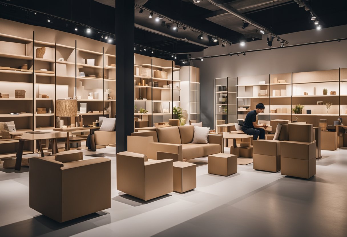 Customers browsing cardboard furniture in a modern Singapore showroom. Brightly lit space with various pieces on display. Clean, minimalist aesthetic