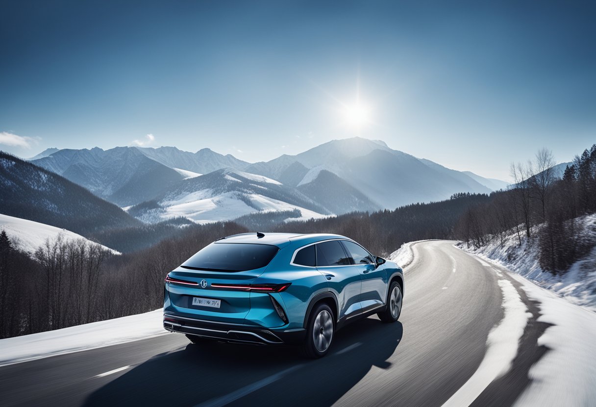 NIO's ES8 driving through snowy mountains, conquering China's remote winter wonderlands