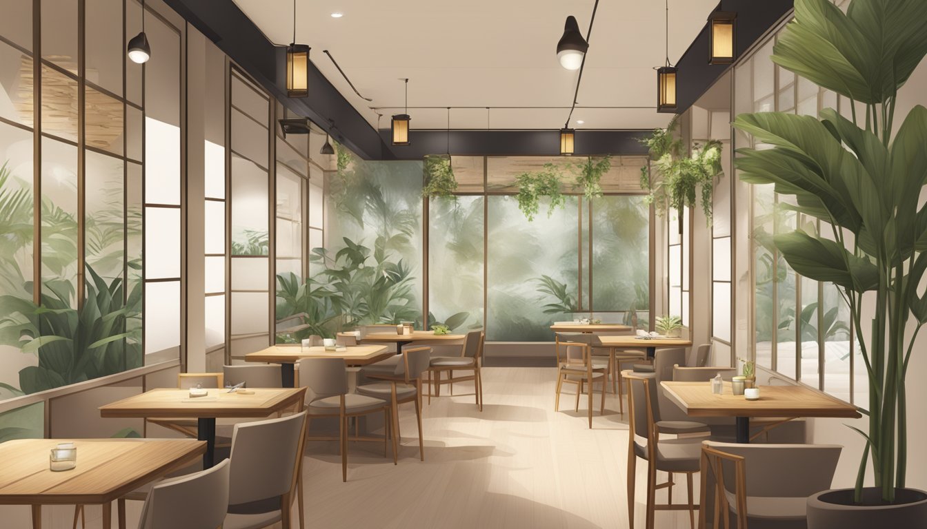 A serene zen restaurant in Singapore, with minimalist decor and soft lighting. A menu board and cozy seating area, surrounded by potted plants and bamboo accents