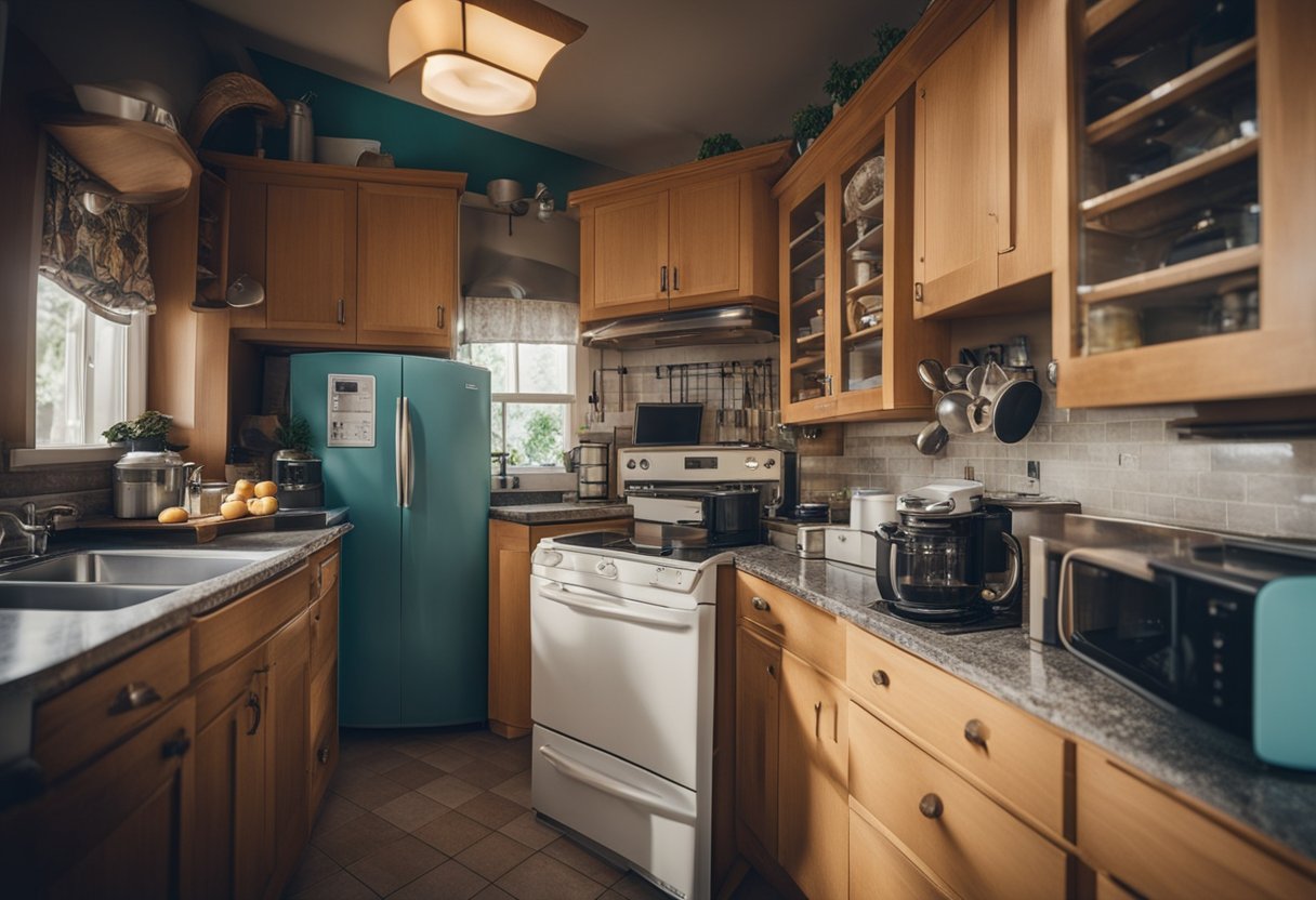 A cluttered kitchen with outdated cabinets and appliances. A budget-conscious homeowner searches for renovation ideas online