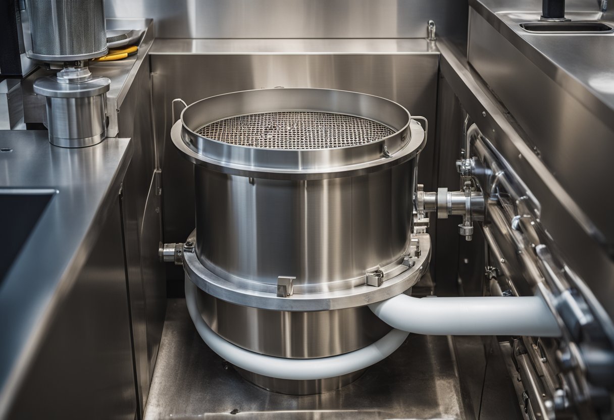 A large, cylindrical grease trap sits beneath the industrial sink, with inlet and outlet pipes connected to it. The trap is made of stainless steel and has a removable lid for easy maintenance