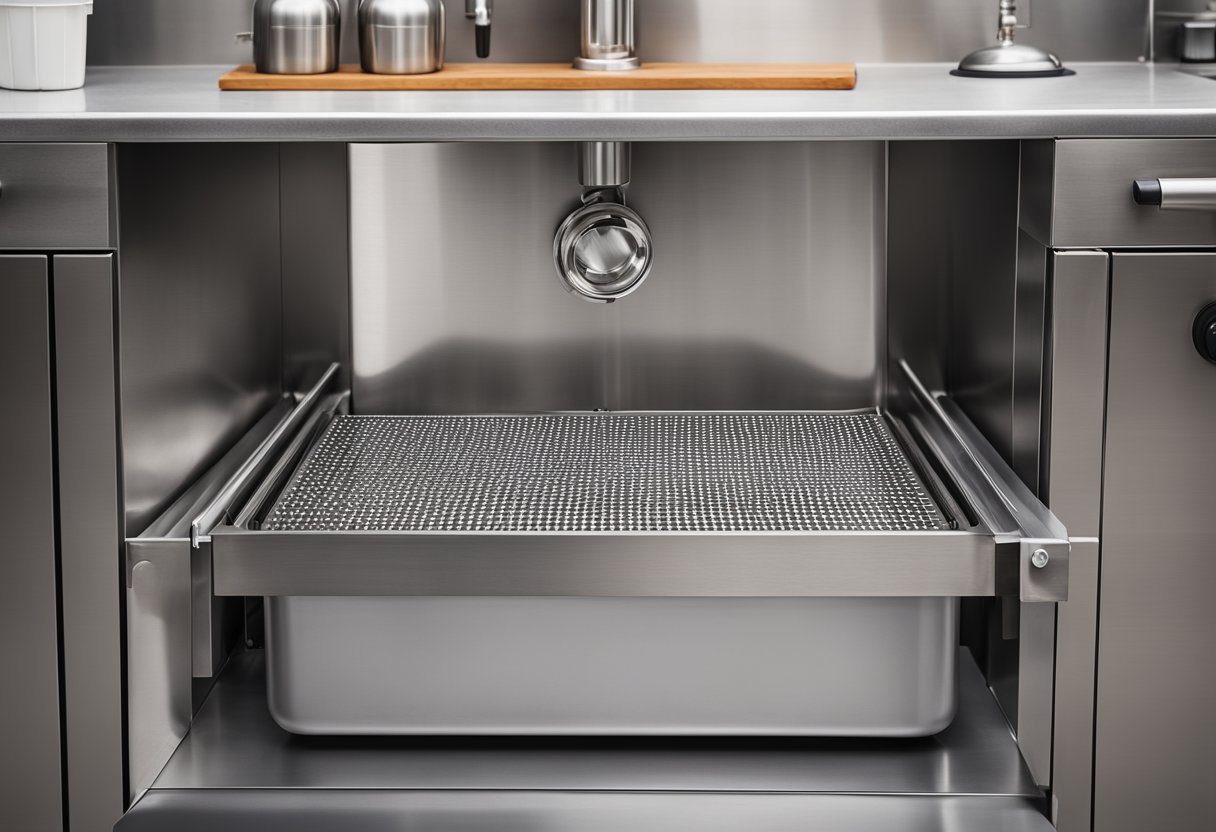 A stainless steel kitchen grease trap with a removable lid and built-in drainage system