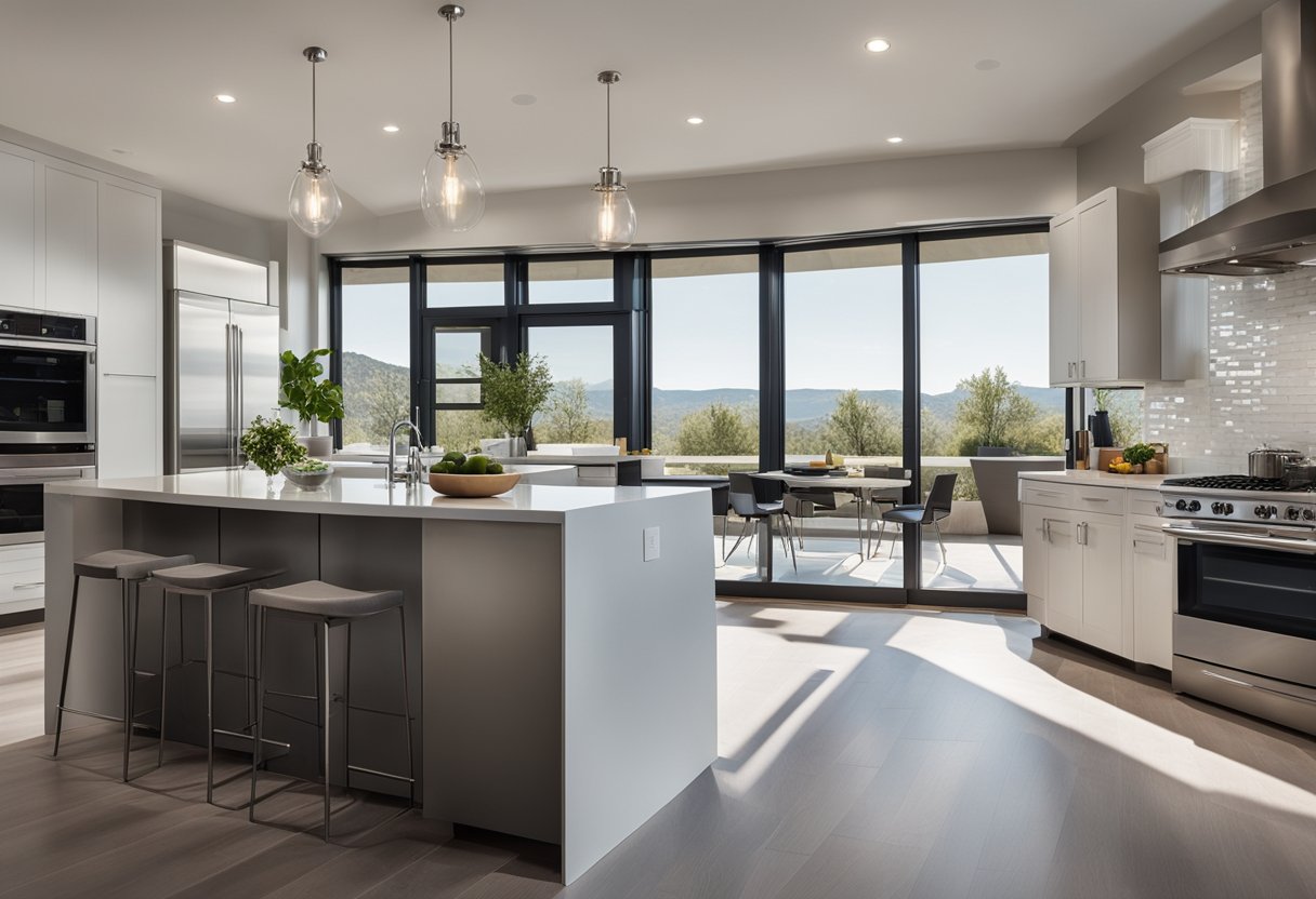 A spacious, modern kitchen with sleek countertops, stainless steel appliances, and large windows letting in natural light