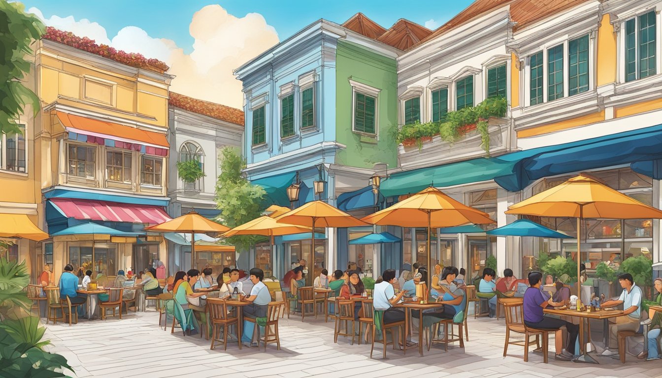 Colorful restaurants line the bustling streets of Universal Studios Singapore, offering a variety of international cuisines and vibrant outdoor seating