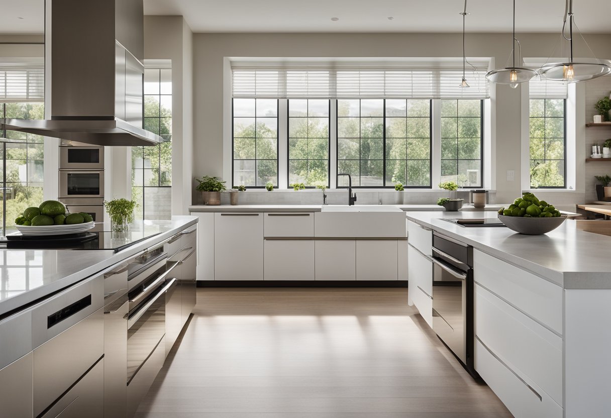 A spacious, modern kitchen with sleek countertops, stainless steel appliances, and a large island for entertaining. Natural light floods in through oversized windows, highlighting the clean lines and minimalist design
