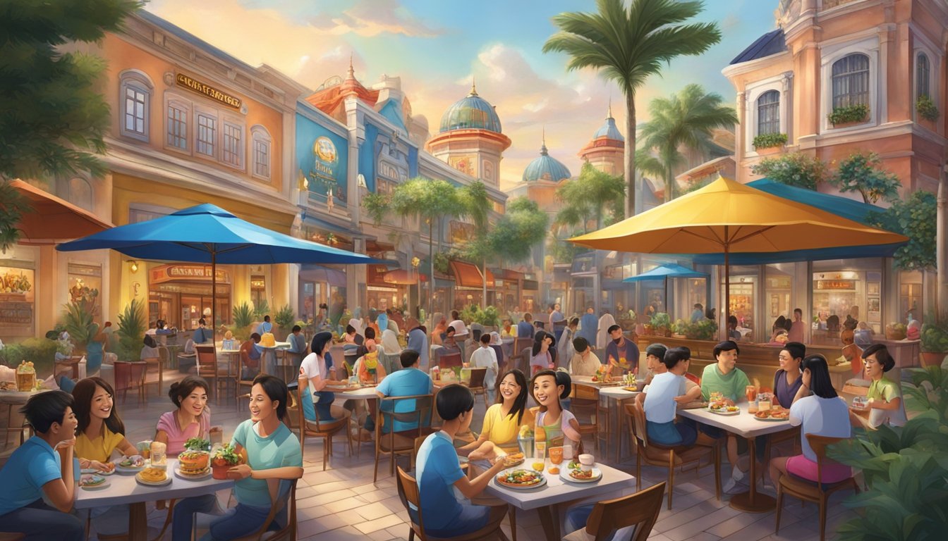 Guests enjoy a variety of dining options at Universal Studios Singapore, from themed restaurants to casual eateries, set against the backdrop of vibrant and colorful surroundings