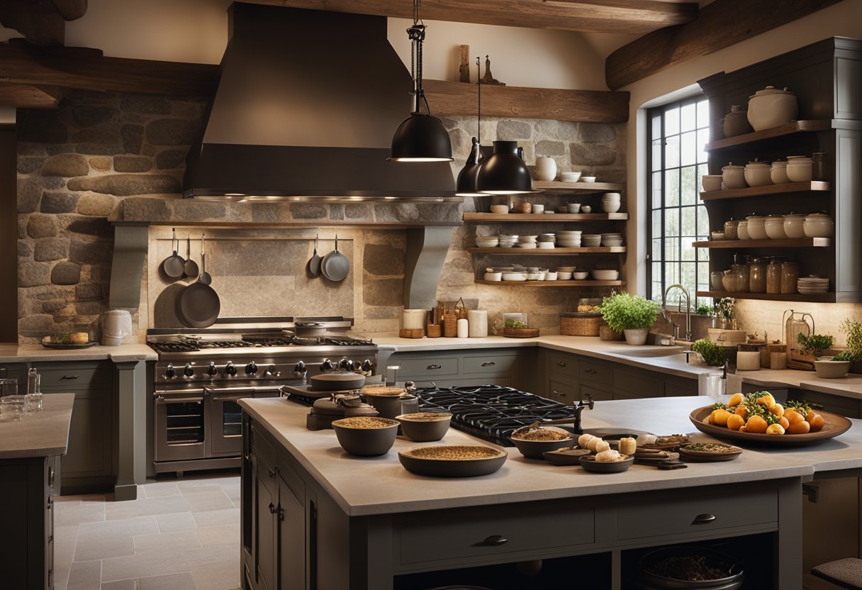 A spacious kitchen with stone countertops, hanging pots and pans, and a large cooking hearth with a roaring fire. Shelves are stocked with jars of ingredients, and a table is set for a hearty meal