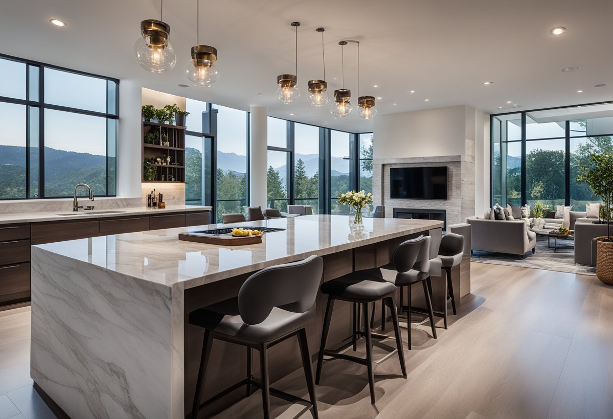 A modern kitchen with sleek appliances, marble countertops, and a large island with bar stools. The open layout leads to a spacious dining area with floor-to-ceiling windows