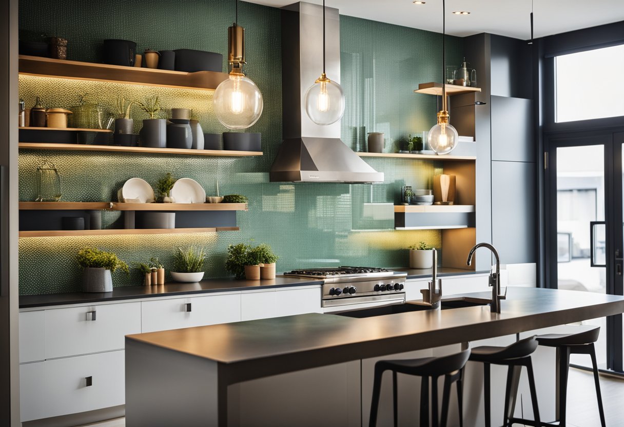 A modern kitchen with sleek countertops, hanging pendant lights, and a vibrant backsplash. Open shelving displays stylish cookware and artful decor