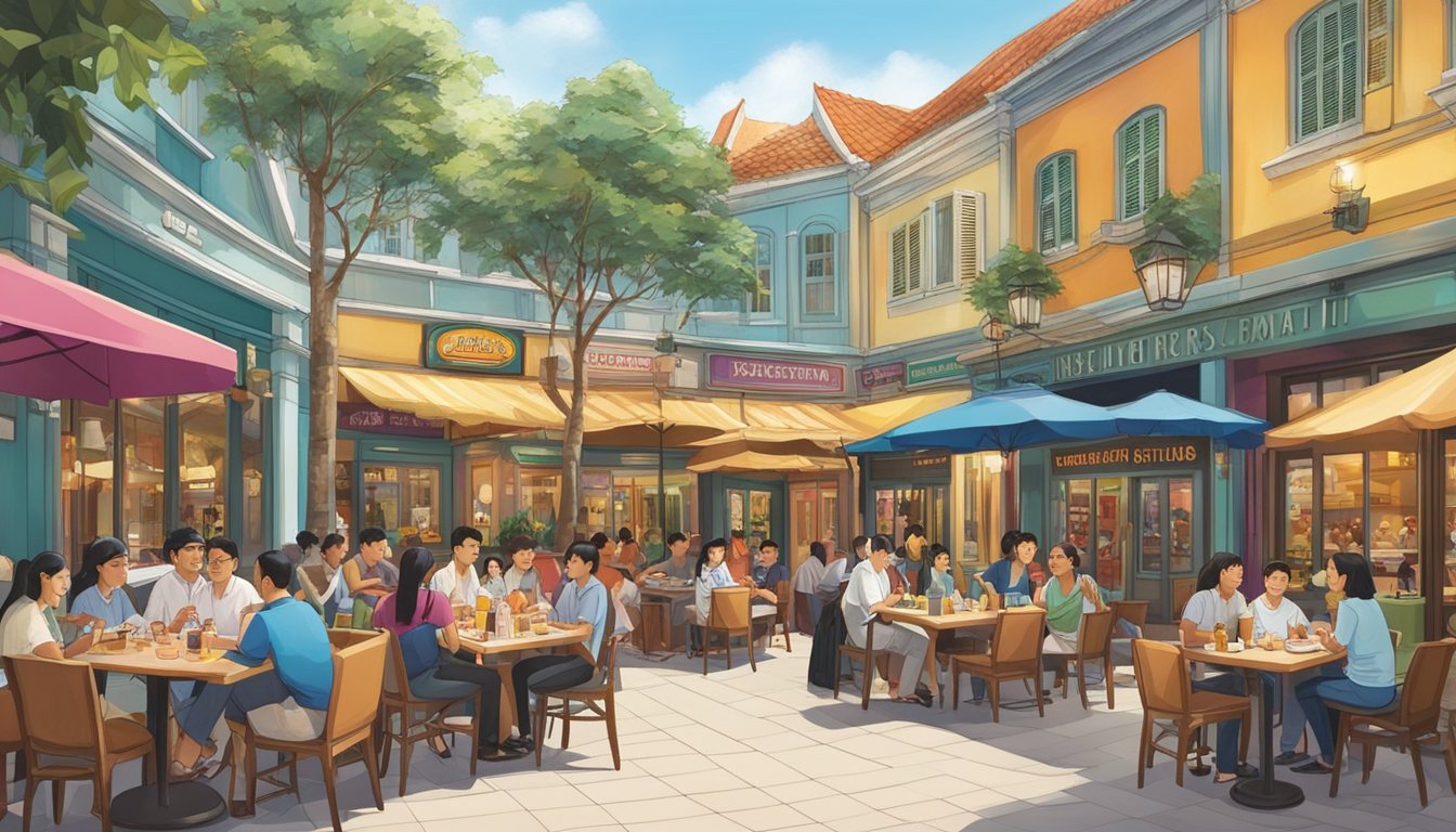 Customers dining at various restaurants in Universal Studios Singapore, with colorful signage and bustling staff