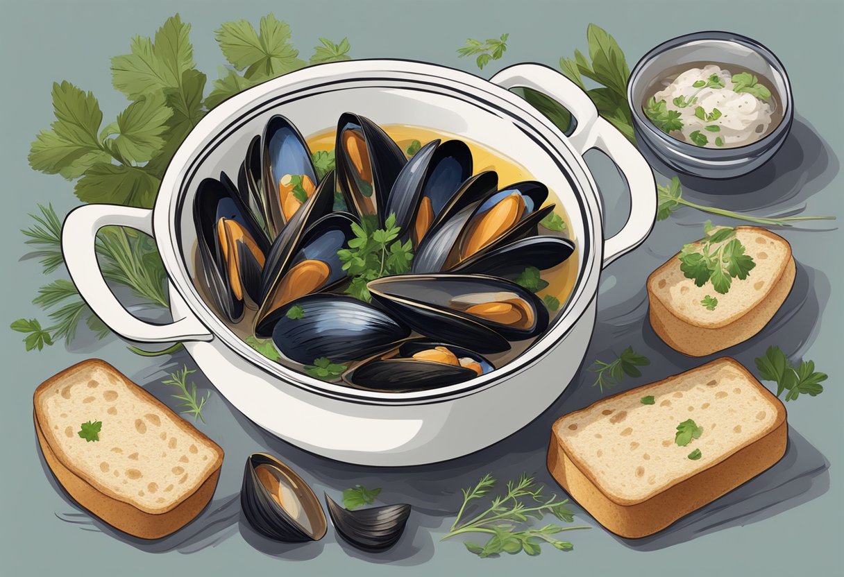 A pot of steaming mussels in a rich broth, surrounded by fresh herbs and crusty bread