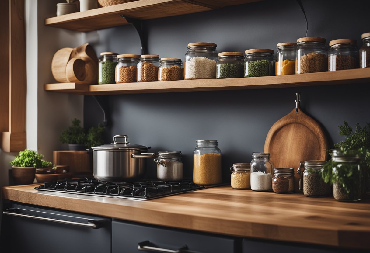 A cozy kitchen with wooden cabinets, a stone countertop, and a pot bubbling on the stove. Shelves are filled with jars of ingredients and cooking utensils hang on the walls