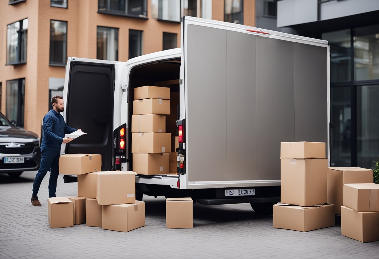 A delivery truck unloads boxes of flat-packed furniture at a small apartment. The driver checks off items on a clipboard