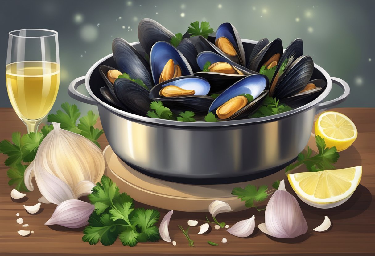 A pot of steaming mussels, surrounded by chopped garlic, onions, and parsley, with a splash of white wine and a squeeze of lemon