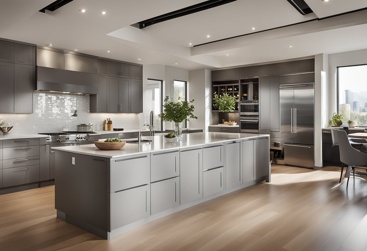 A spacious, modern kitchen with sleek countertops, ample storage, and state-of-the-art appliances. Natural light floods the room through large windows, illuminating the stylish design and creating a warm, inviting atmosphere
