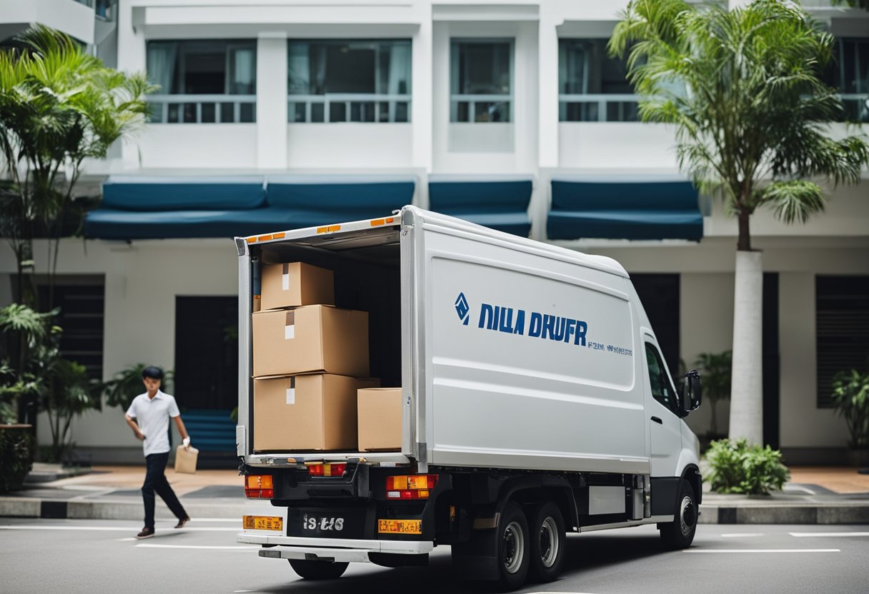 A delivery truck stops outside a Singapore apartment building, unloading flat-packed furniture. The driver unloads and brings the packages to the building's entrance