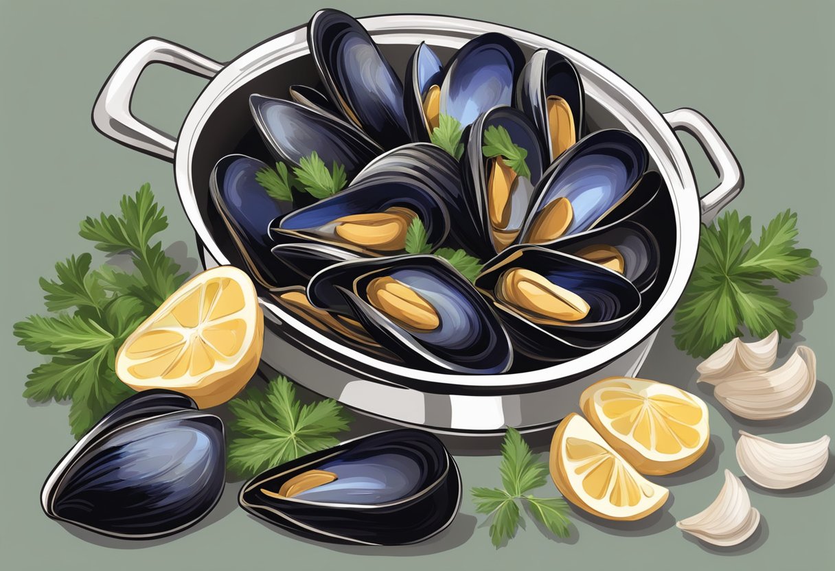 Mussels sizzle in a pot with garlic, white wine, and herbs. Steam rises as the shells open, releasing their savory aroma