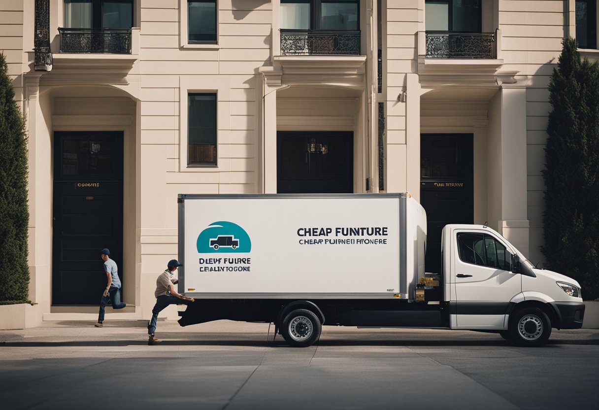 A delivery truck parked outside a residential building, with a delivery person unloading a box labeled "cheap furniture" while a customer eagerly waits at the door
