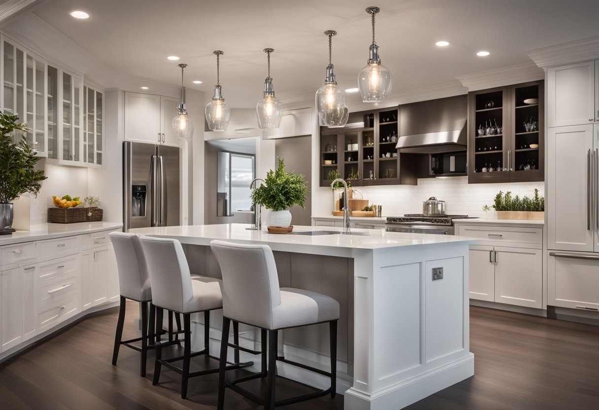 A sleek, white kitchen island with built-in wine rack and barstool seating. Pendant lights hang above, illuminating the quartz countertop and stainless steel appliances