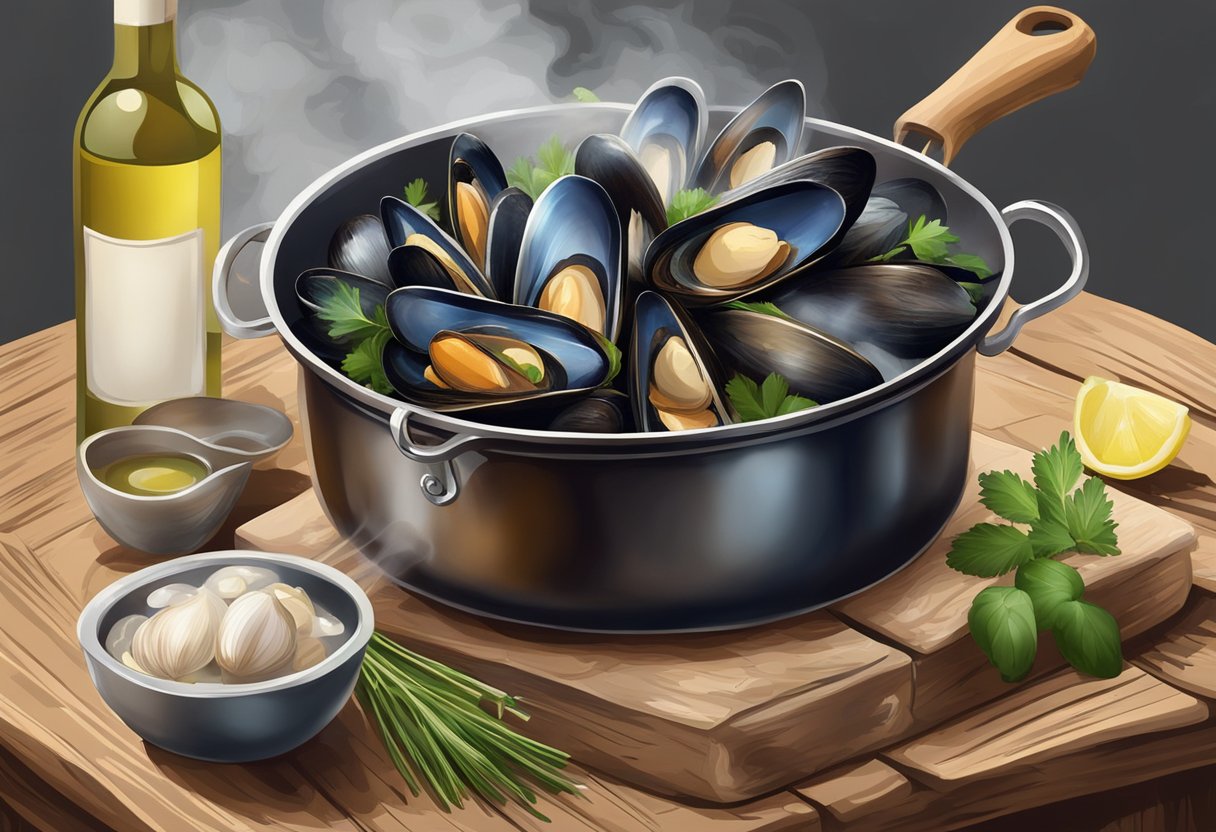 A pot of steaming mussels sits on a rustic wooden table, surrounded by fresh herbs, garlic, and a bottle of white wine